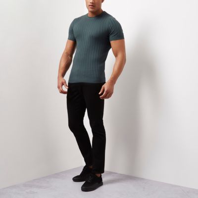 Dark blue chunky ribbed muscle fit T-shirt